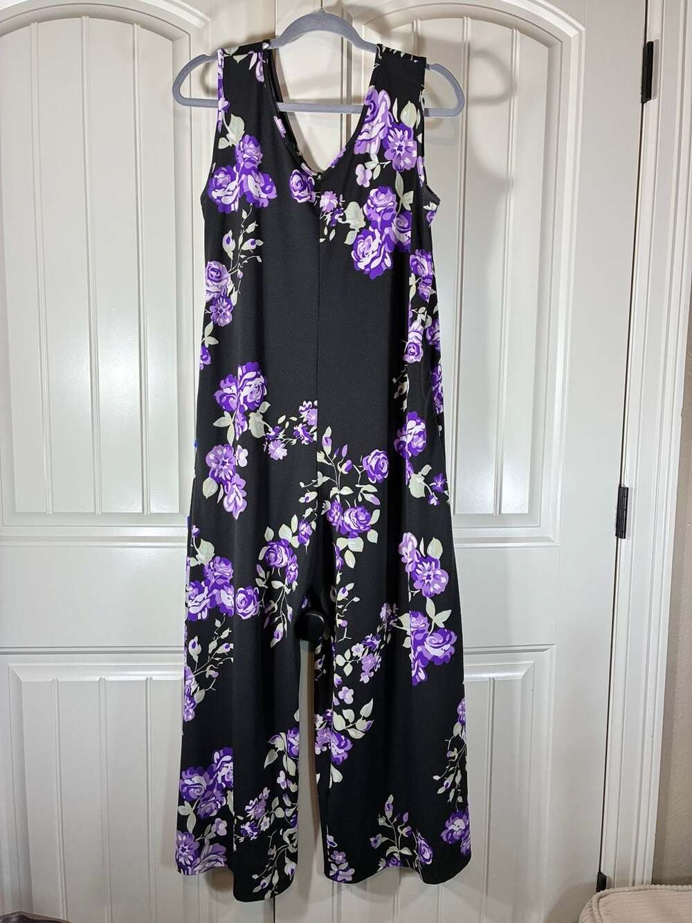 LuLaRoe Natalie Jumpsuit Size M Black Purple Floral Roses